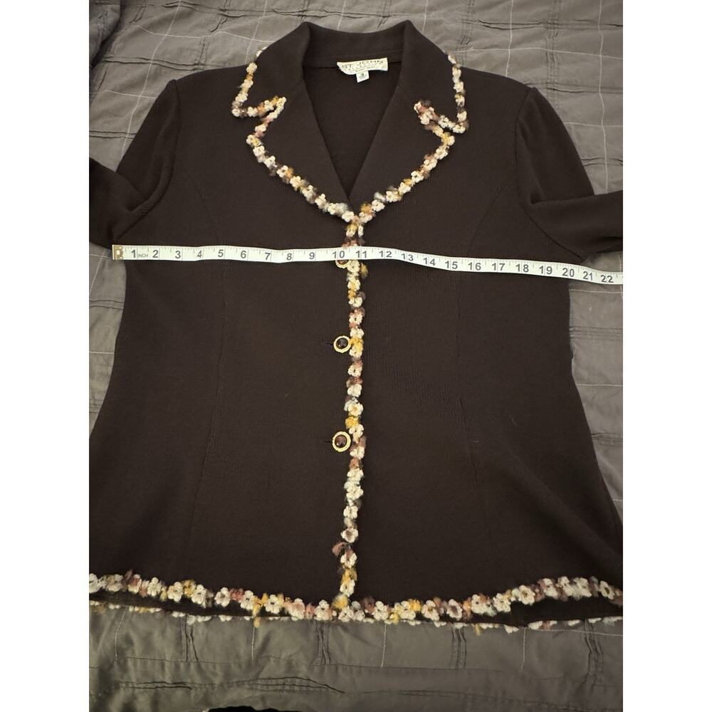 ST. JOHN Collection Knits Brown Jacket Sz 12 Multicolor Trim Office Wool Blend - Picture 6 of 11